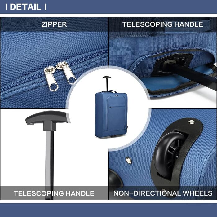 This lightweight carry-on suitcase, soft case, small suitcase for airplane carry-on luggage for Lufthansa Eurowings Ryanair rolling suitcase trolley fabric suitcase 53 x 36 x 18 cm (carry-on trolley, Blue)
