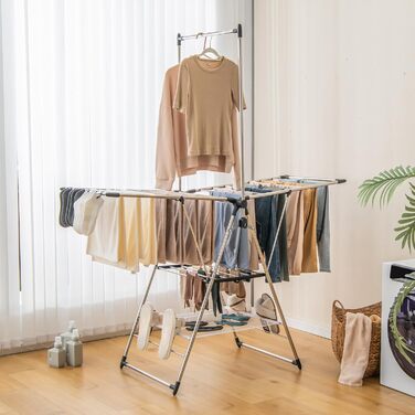 Сушарка для білизни COSTWAY розкладна, висувна, з регулюванням висоти та полицями для взуття, сушильний стійка-вежа для дому та вулиці (оновлена) з вішалкою