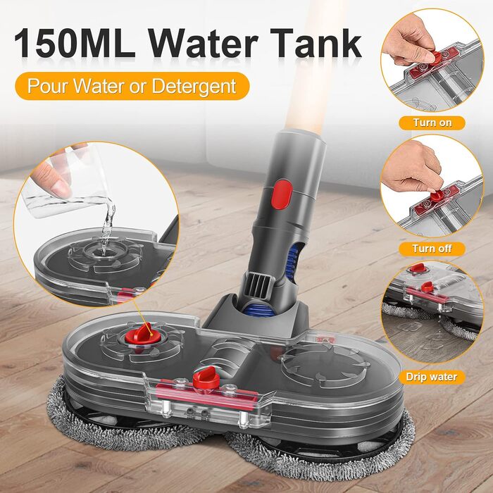Насадка для миття підлоги RUKHOOL для пилососів Dyson V7/V8/V10/V11/V15, з мікрофіброю та 8 змінних серветок, водяний бак