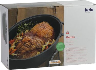 Овальний жаровий казан Kela Kerros 8 л, індукційний, з кришкою з аромат-кнопкою, алюмінієвий литий з антипригарним покриттям, для духовки, чорний, 28 см