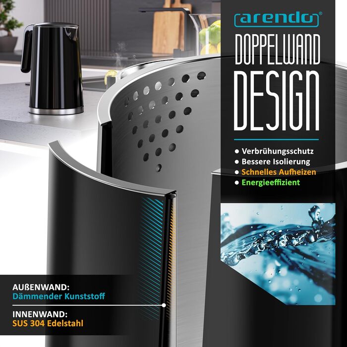 Електричний чайник Arendo з регулюванням температури, нержавіюча сталь, подвійні стінки Cool Touch, дисплей, бездротовий, 2200 Вт, 1,7 л, захист від перегріву, функція підтримання тепла, чорний