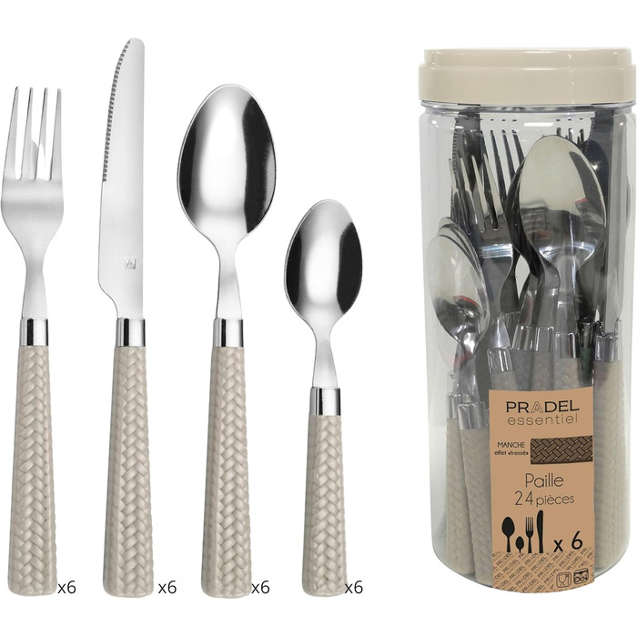 Набір столових приборів Amefa PAILLE на 6 осіб (24 шт.) з нержавіючої сталі 18/0, з ручками у плетіння, придатний для миття в посудомийній машині (світлий)