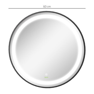 Kleankin LED Bathroom Mirror Ø60cm, Bathroom Mirror with 3 Light Colors, Touch Function, Memory Function, IP44, Black for Modern Bathroom