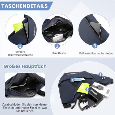 Чоловіча нагрудна сумка VARLIVOO Brusttasche - слинг-сумка, кросбоді, через плече, спортивна, для фітнесу, подорожей, кемпінгу, школи. Водонепроникний рюкзак з поліестеру, блакитний.