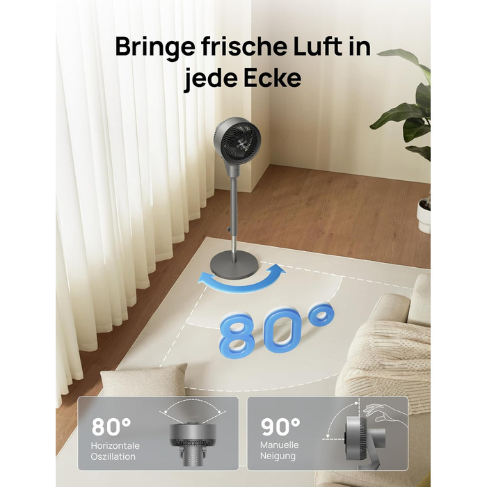 Вентилятор Dreo Leiser: турецький, з дистанційним керуванням, 1444 м³/год, осциляція, таймер 6 годин, функція ароматерапії, сірий