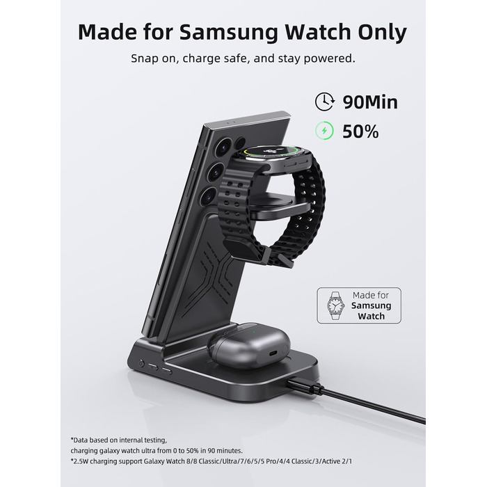 Бездротовий зарядний пристрій для Samsung Galaxy S25 Ultra, S24, Z Fold 6, Z Flip 6, Watch Ultra/8/7/6, Buds - чорний