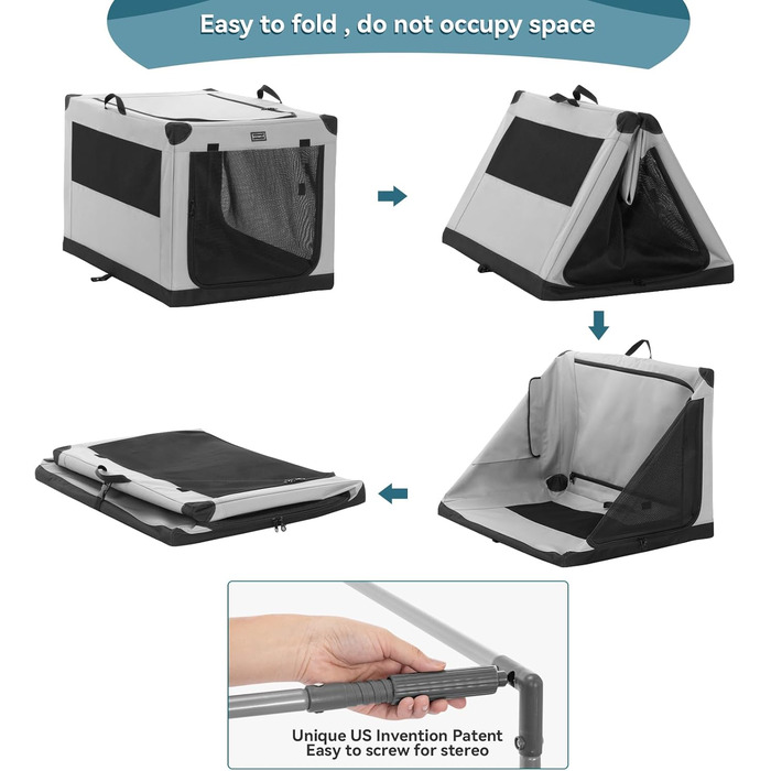 Транспортна переноска для собак Petsfit, XL, сіра - складана, для подорожей та авто, підходить для малих собак та котів