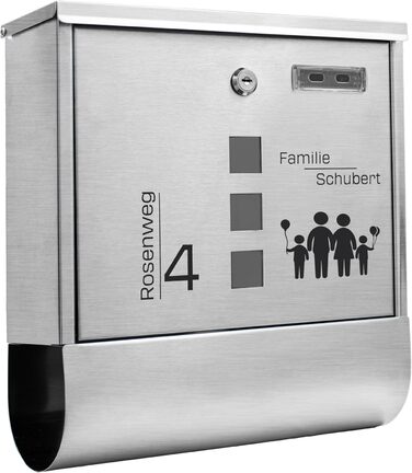 Поштовий ящик Grafner з нержавіючої сталі, персоналізований з газетницею та 2 ключами. Гравіювання імені, вулиці та номера будинку. Комплект для монтажу (Сім'я 4)