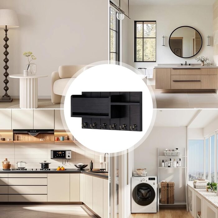 Дерев'яне ключниця з полицею, органайзер для ключів на 6 гачків, декоративна полиця для ключів з 4 шурупами для прихожої, входу, спальні