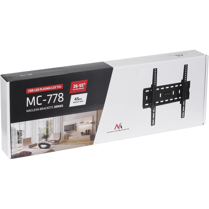 Кріплення для телевізора Maclean MC-778 - сумісний з OLED, QLED, LCD, LED, Plasma, до 45 кг, 26-65 дюймів, кут нахилу -15°/+15°, VESA 400x400