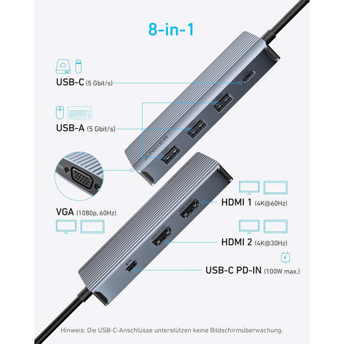 USB-C хаб Anker: док-станція з двома HDMI, 100W, 10Gbit/s, 8 портів для MacBook, Dell, iPad Pro