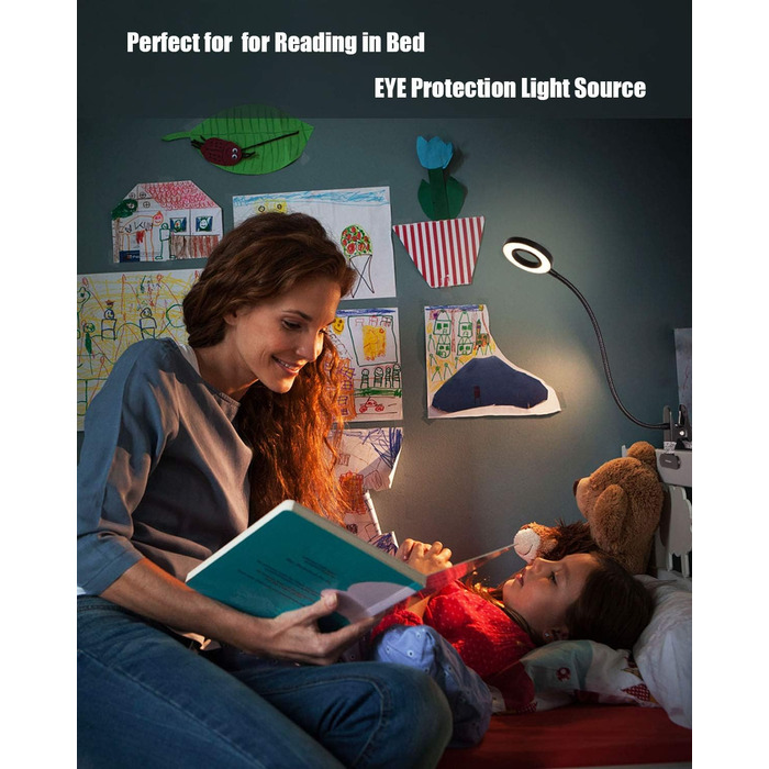 LED приліжкова лампа з кліпсою для ліжка, спальні, офісу, димується, 3 режими + 10 рівнів яскравості, гнучка, 8W, срібляста (чорна)