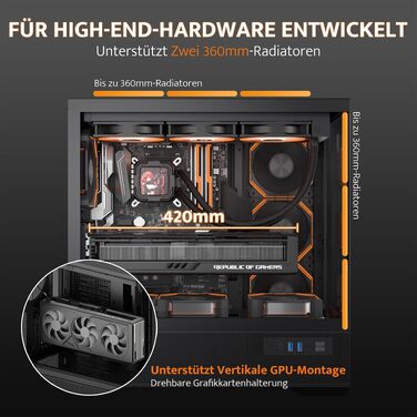 Ігровий корпус darkFlash LAND451 Midi Tower ATX, підтримка BTF-материнських плат, вертикальна установка відеокарти (до RTX 5090), Type-C, підтримка 2x360мм СРО, панорамний дизайн, чорний
