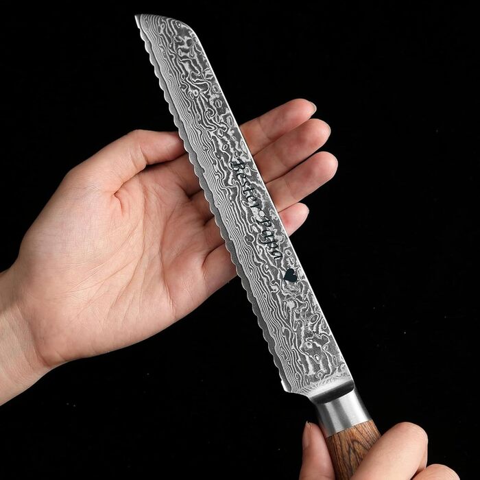 Японський ніж Zayiko Minami Premium з лезом 12 см з дамаської сталі 67 шарів, ручка з оливкового дерева, дерев'яна коробка. Кухонний ніж для професійних кухарів, ніж для хліба з гравіюванням.