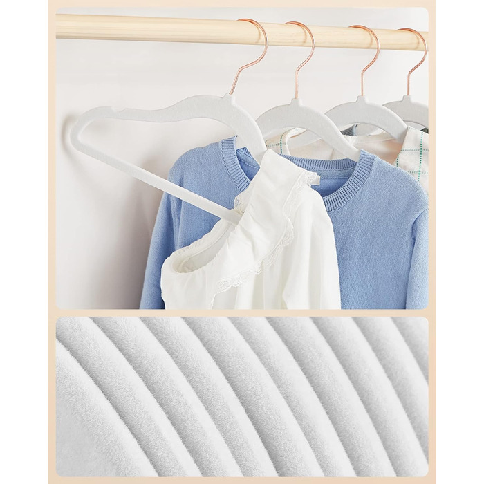 SONGMICS Набір вішалок для дитячого одягу, 50 шт., для дітей, неслизькі, обертаються на 360°, рожеве золото, для шафи, білий, CRF027W01