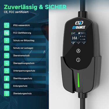 Кабель для зарядки електромобіля Type 2 Schuko, 3.68 кВт, 6.1 м, 6-16A (Чорний)