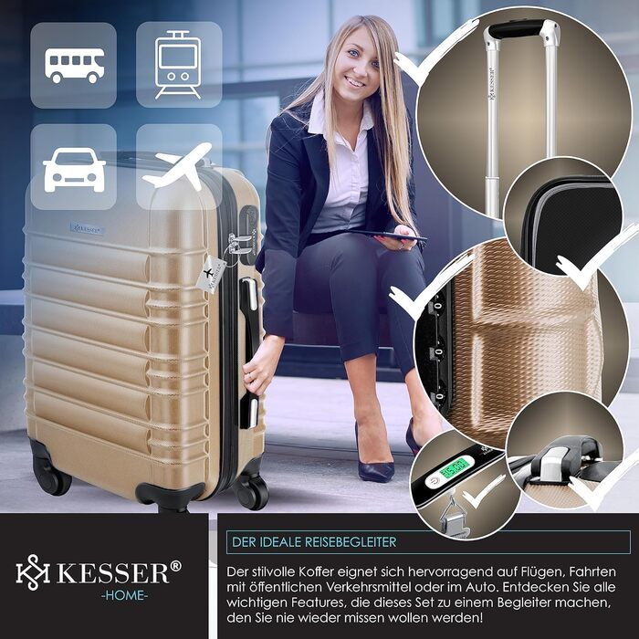 KESSER® Hard Shell Suitcase Including Luggage Scale + Baggage Tag | Trolley Suitcase Rolling Luggage Combination Lock 4 Wheels ABS Hard Shell Telescopic Handle (75cm – 120L) (Carry-on 55cm - 55L, Champagne)