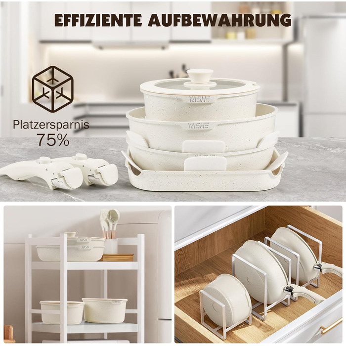 Набір посуду YASHE 21 предмет: каструлі та сковорідки з антипригарним покриттям, знімні ручки, скляні кришки, індукційне дно, термостійкий, білий