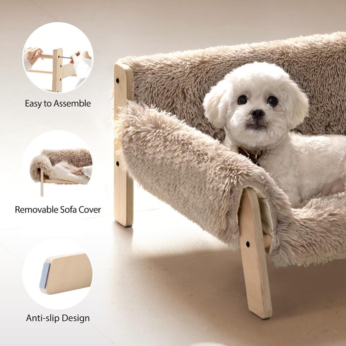 MEWOOFUN Elevated Cat Bed Sofa made of Wood, Sturdy Large Cat Sofa – Fashionable Cat Stool with Removable Mattress Cover. Supports up to 10 kg (70x53cm, Light Brown)