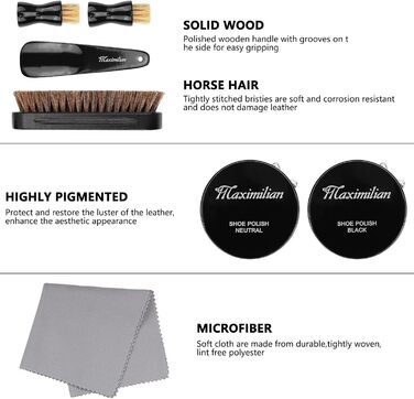 MAXIMILIAN shoe shine kits for leather, shoe care set with black and colorless shoe cream, 2 applicator brushes, soft horsehair brushes, shoehorn, cloth