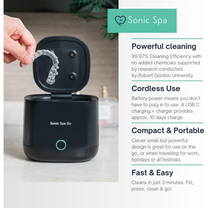 Ультразвуковий очищувач для елайнерів, ретейнерів та протезів з таблетками Boostab - портативний бездротовий пристрій для Invisalign, капп, захисних кап та зубних апаратів (чорний)