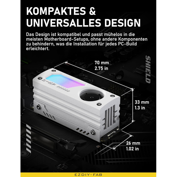 Охолоджувач SSD M.2 EZDIY-FAB Shield ARGB з 20мм вентилятором PWM, преміум-алюмінієвий дизайн, підтримка ARGB 5V 3-Pin, для M.2 2280, чорний, 1 шт.