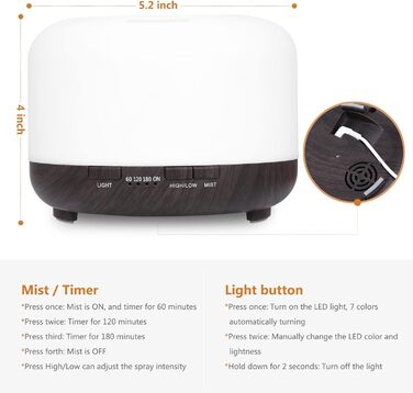 Аромадифузор Hianjoo 450мл з таймером, ультразвуковий, 7 кольорів LED, з пультом, для спа/офісу/йоги - темне дерево