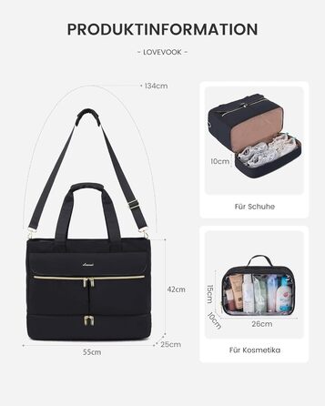 Сумка-трансформер LOVEVOOK для жінок, 45л: дорожня, спортивна, для подорожей, у валізу, з відділенням для взуття та мокрих речей, з косметичкою, ідеальна для подорожей, відпустки, спортзалу та пологового будинку (чорна)
