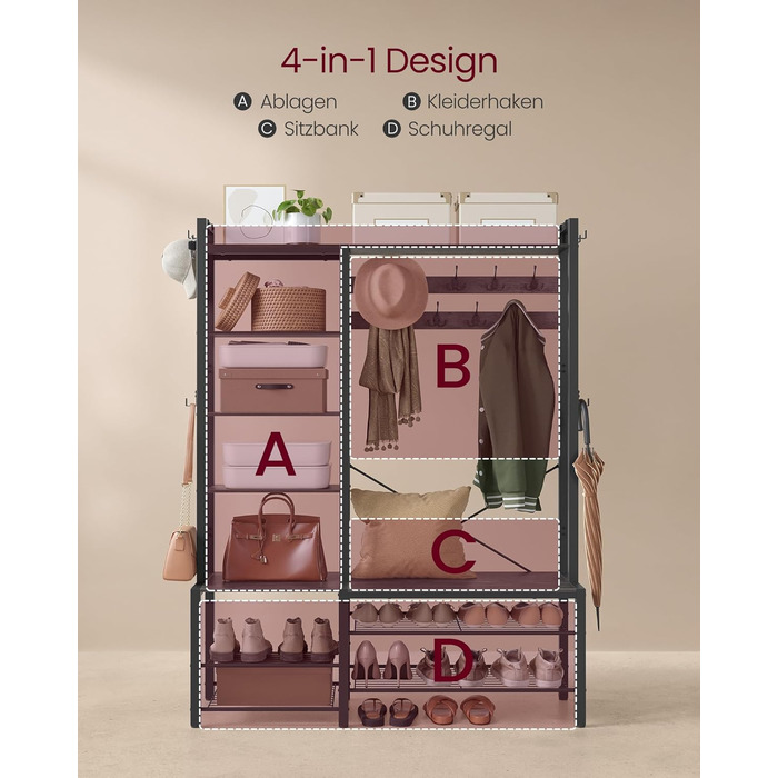 VASAGLE Coat Rack with Shoe Bench, Wardrobe, 5 Shelf Levels made of Particleboard, 9 Triple Hooks, 6 Side Hooks, 40 x 120 x 190 cm, Stone Grey-Ink Black HSR426B04