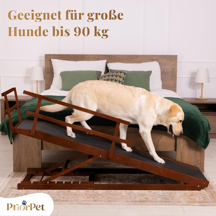 Східці для собак до ліжка з огорожею - для великих собак до 90 кг - регульована висота до 94.5 см - ширина 49.5 см - складаються - антиковзні ручки - з берези - колір натуральний (волоський горіх)