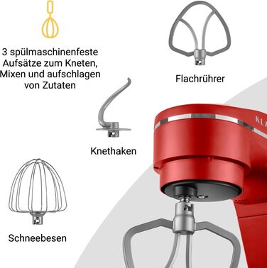 Кухонний комбайн-міксер KLAMER 1800W, планетарний міксер для тіста з чашею з нержавіючої сталі 6л, червоний