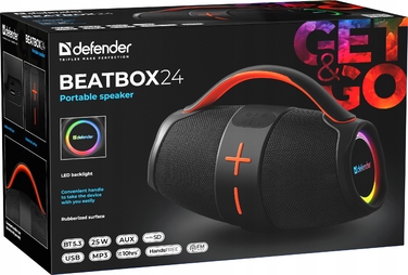 Bluetooth-колонка Defender BEATBOX 24, 25 Вт, MP3, AUX, SD, USB, TWS, LED, чорна