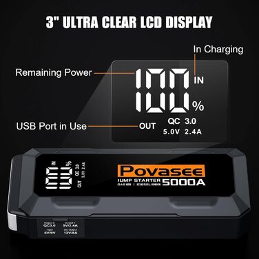 Powerbank Starthilfe Povasee UltraSafe для автомобіля 12V: Jump Starter з LED, 5000A, 2 USB-виходи (до 10л бензину/8л дизеля)