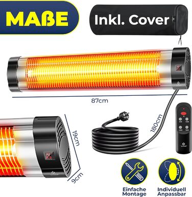 Інфрачервовий обігрівач KESSER® 2500W з пульт дистанційного керування, 3 режими, миттєвий нагрів, кріплення на стіну, для тераси, кварцовий, з захисним чохлом, таймер, антрацит (срібло)
