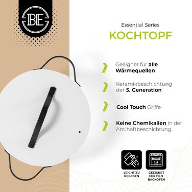 Каструля Be Living Essential з кришкою, 24 см, 7 л, з антипригарним покриттям Keramik Antihaft, для індукційних плит, без PTFE та PFOA, білий