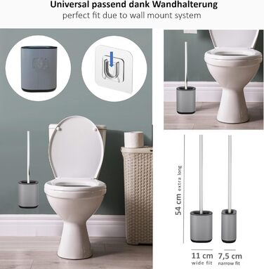 Набір для туалету 3-в-1 з силіконовою щіткою, тримачем та кріпленням на стіну, довга ручка з нержавіючої сталі, гігієнічний з ламелями та скребком, для ванної кімнати та гостьового туалету (Антрацитовий сірий)