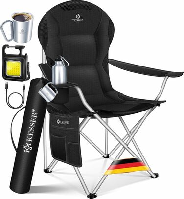 Крісло для кемпінгу KESSER® - складне, до 150 кг, з підлокітниками, високою спинкою, кишенею та тримачем для напоїв, хакі (чорний/чорний)