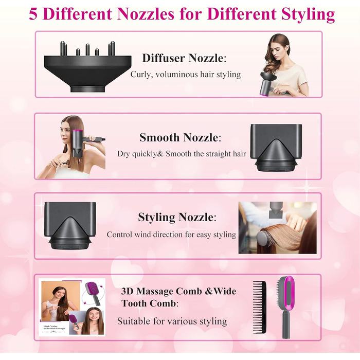 Іонний фен AC мотор 1800W, професійний фен для волосся з 3 режимами нагріву, кнопка холодного повітря, дифузор, 2 концентратори, гребінець для жінок та чоловіків