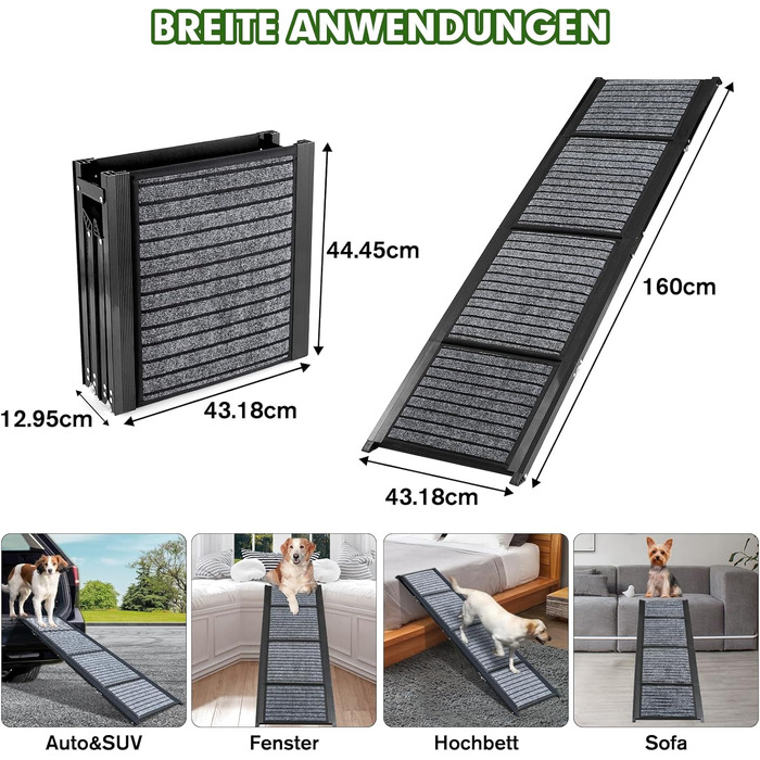 Рампа для собак у машину, розкладна, 160 см, з антиковзким покриттям, для легкових автомобілів, вантажівок та SUV, стабільна, для великих та середніх собак до 90 кг, 160*43 см (Д x Ш)