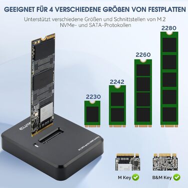 Док-станція для SSD ELUTENG: M.2 NVMe/SATA, 10Gbps, підтримка 2230/2242/2260/2280, адаптер з USB-корпусом