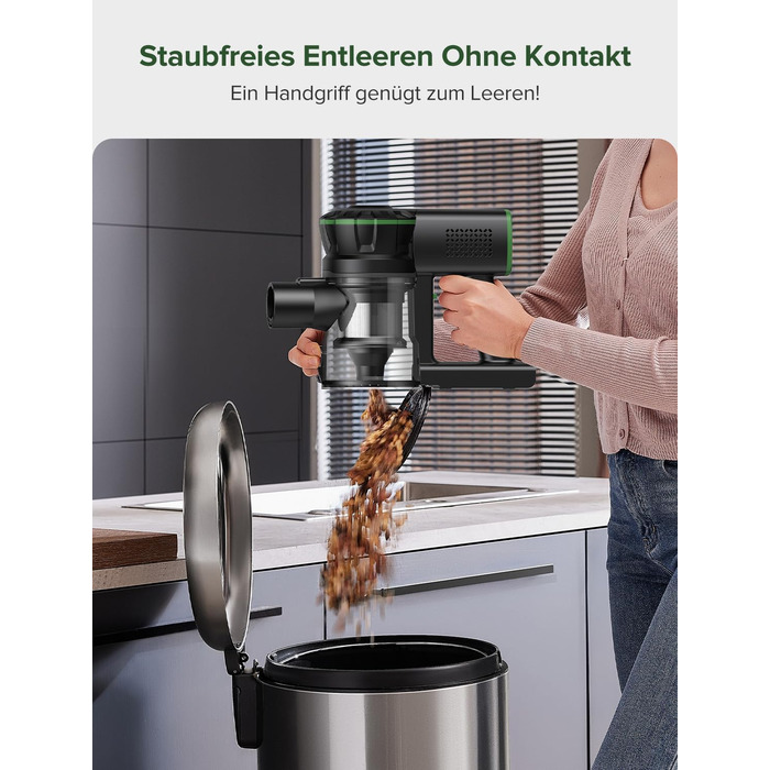 Бездротовий пилосос Vexilar Akku: 60 хвилин роботи, 45 kPa, 550 W, безщітковий мотор, LED дисплей, 6-в-1, тихий, для дому/авто, тверді підлоги, килими, шерсть тварин, зелений