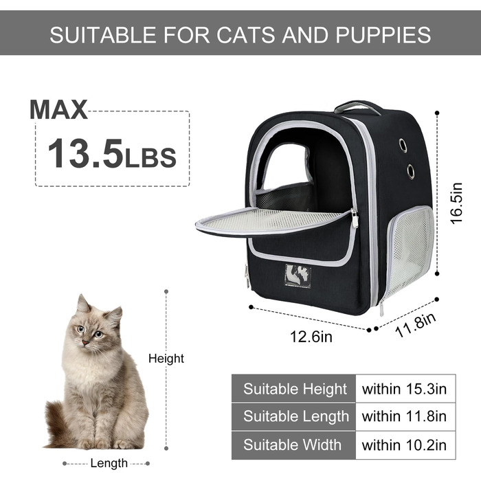 Рюкзак-переноска для котів та собак, чорний. Дихаючий рюкзак-переноска для маленьких та середніх тварин, ідеальний для подорожей, прогулянок, хатин та кемпінгу