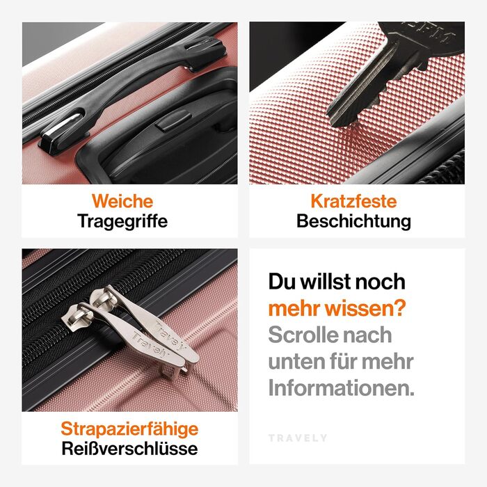 Чемодан Travely з полікарбонату, 77 см, XL, 100 л, з TSA-замком, рожеве золото. Розмір у зібраному вигляді: 158 см.