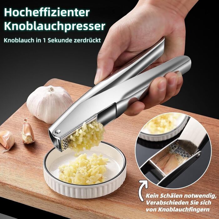 Прес для часнику та імбиру з нержавіючої сталі 18/8, велика чаша, не потребує очищення, стійкий до миття в посудомийній машині, гарантія 5 років