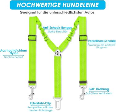 Ремінь безпеки для собак SlowTon у машину, 2 в 1, еластичний, регульований, світловідбиваючий, для подорожей та прогулянок, 2 шт. Limone