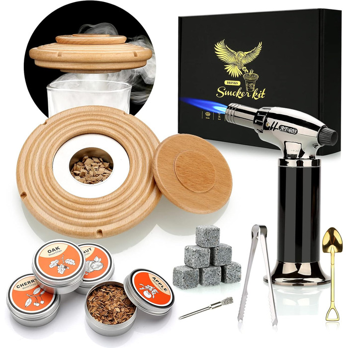 Dad Gift Christmas, Cocktail Smoker Kit, Whiskey Stones, Torch Lighter, Old Fashioned Whiskey Smoker Drinks Kit, Cocktail Accessories for Drinks, Bourbon-Walnut (Butane Not Included) (Beech Torch)