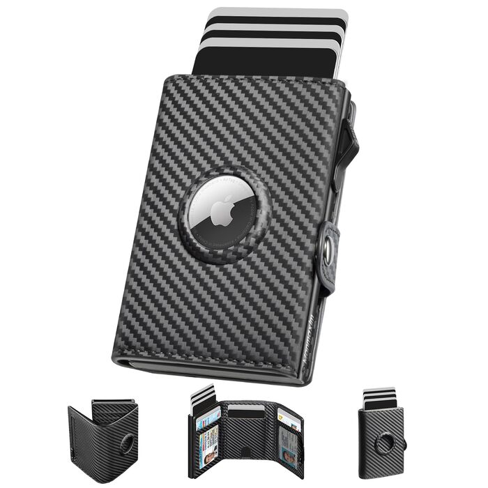 Чоловічий тонкий гаманець Portmonee з захистом RFID, Smart гаманець для карток та грошей, компактний Air Tag гаманець для 12 карт та 2 посвідчення, гаманець з висувним механізмом та відділенням для монет, A002 - Чорний карбон