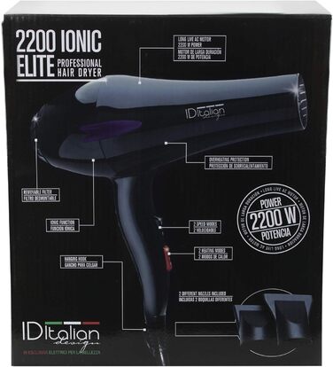 Професійний фен для волосся ID Italian Design з насадкою для укладки, 2200W, 3 температурні та 2 швидкості, матовий чорний