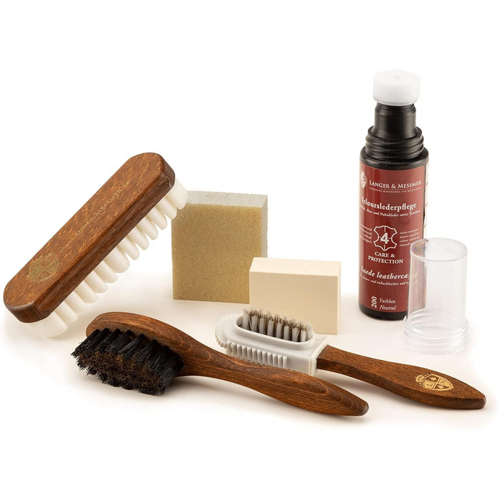 Langer & Messmer Suede Shoe Care Set - Shoe cleaning set with shoe brushes for nubuck leather care and care products for color refreshment, protection and impregnation to care for your suede shoes (6 pieces)