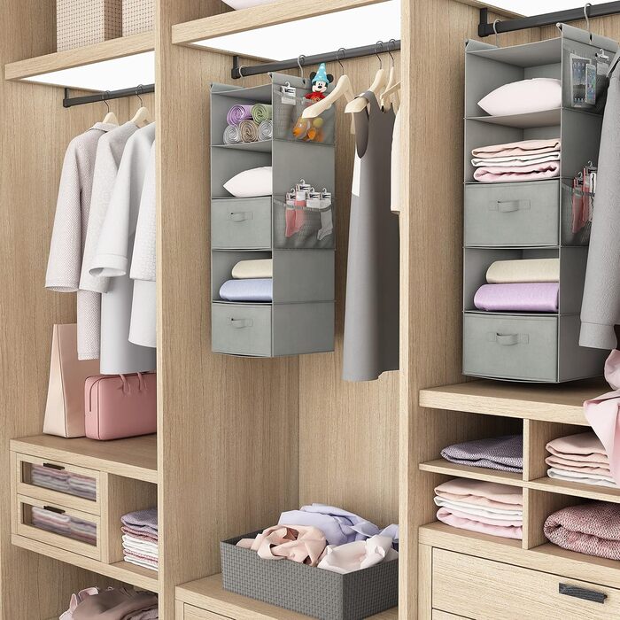 Органайзер для шафи MAX Houser з 5 полицями, Економія місця, Тканинні полиці з 4 кишенями збоку, Складаний, Бежевий